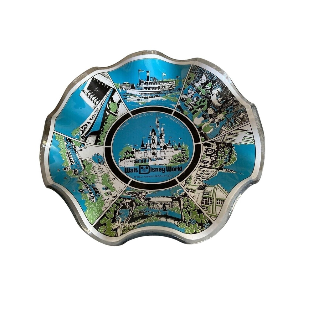 Vintage 80's Walt Disney World Magic Kingdom Souvenir Glass Plate Ruffled Blue‎